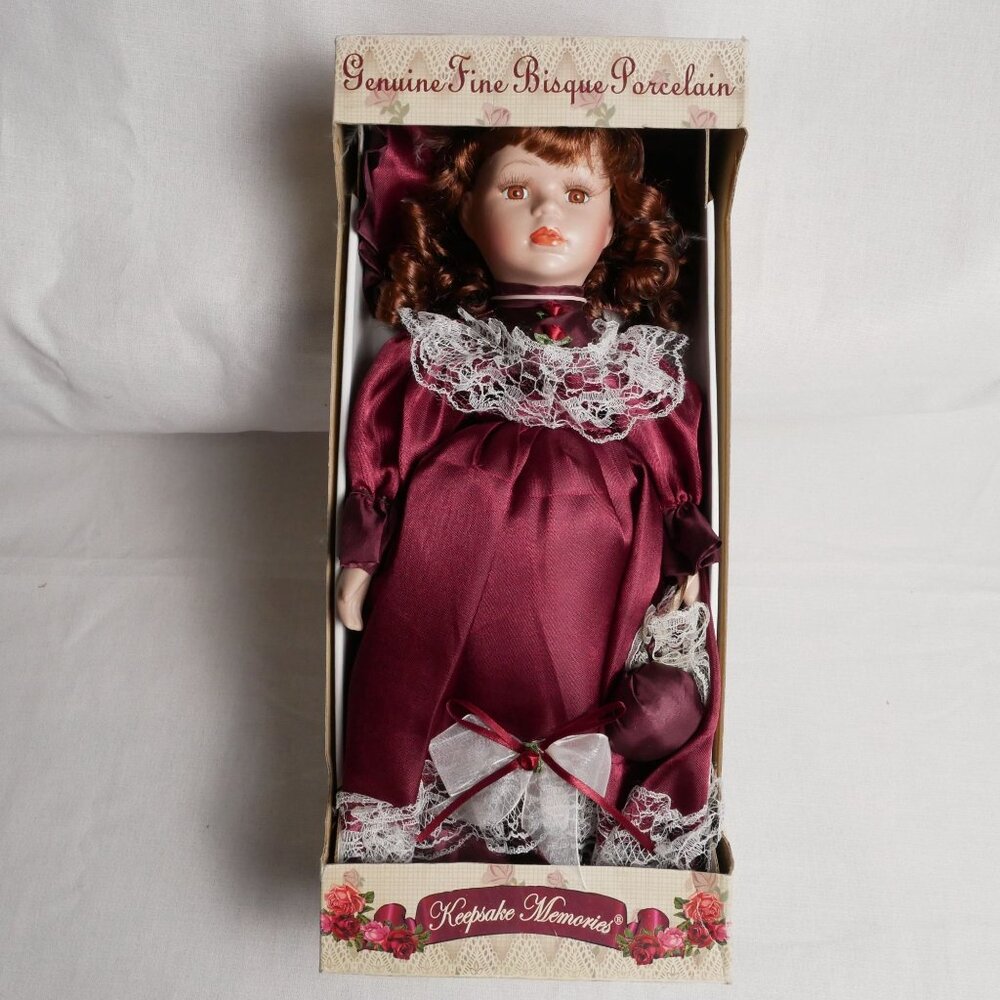 Dan Dee Fine Bisque Porcelain Doll In Burgundy Dress With Lace & Bow LE NIB